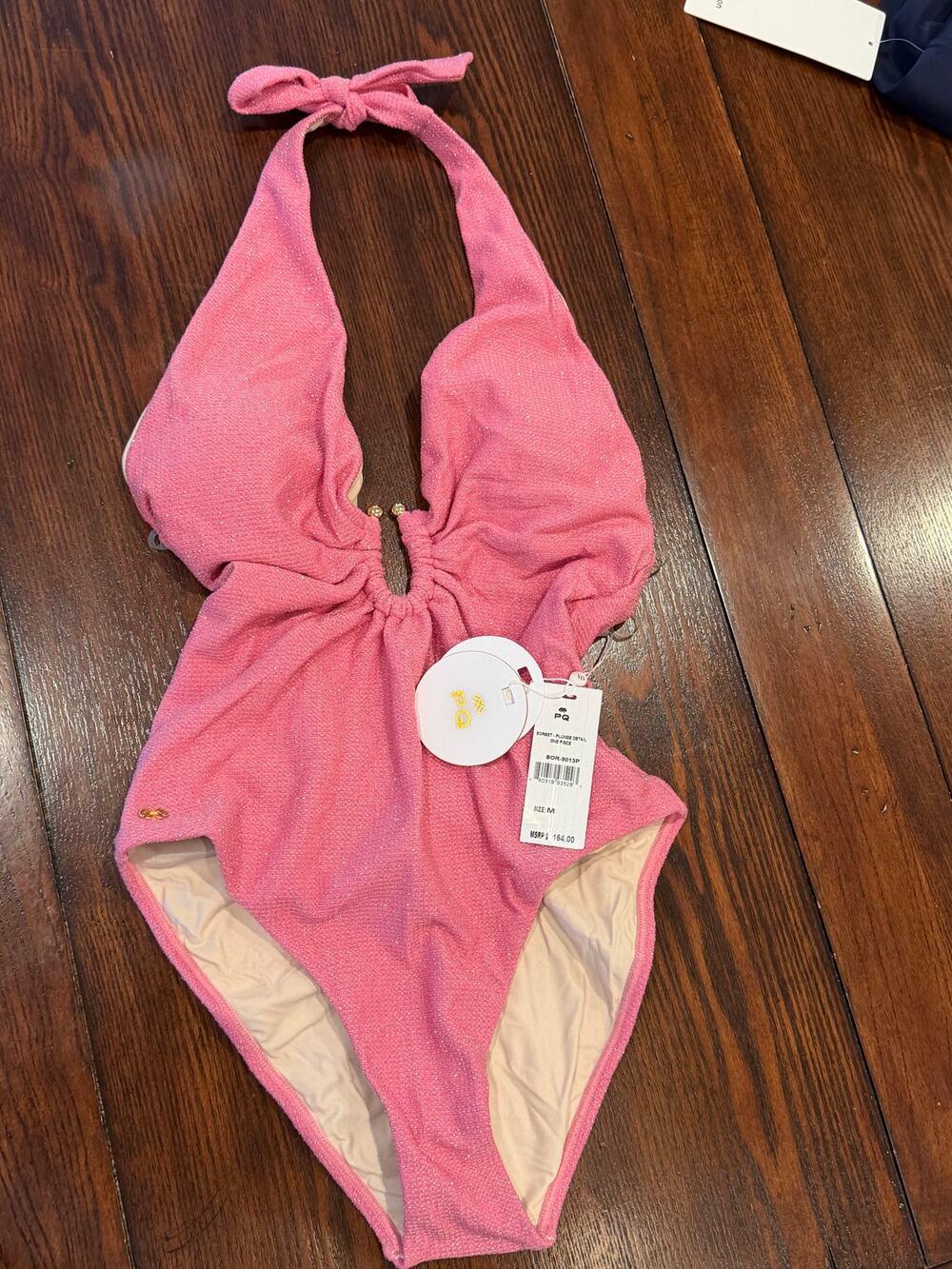 NWT PQ Swim Sorbet Plunge Detail One Piece Swimsuit Pink Lurex Halter Size M